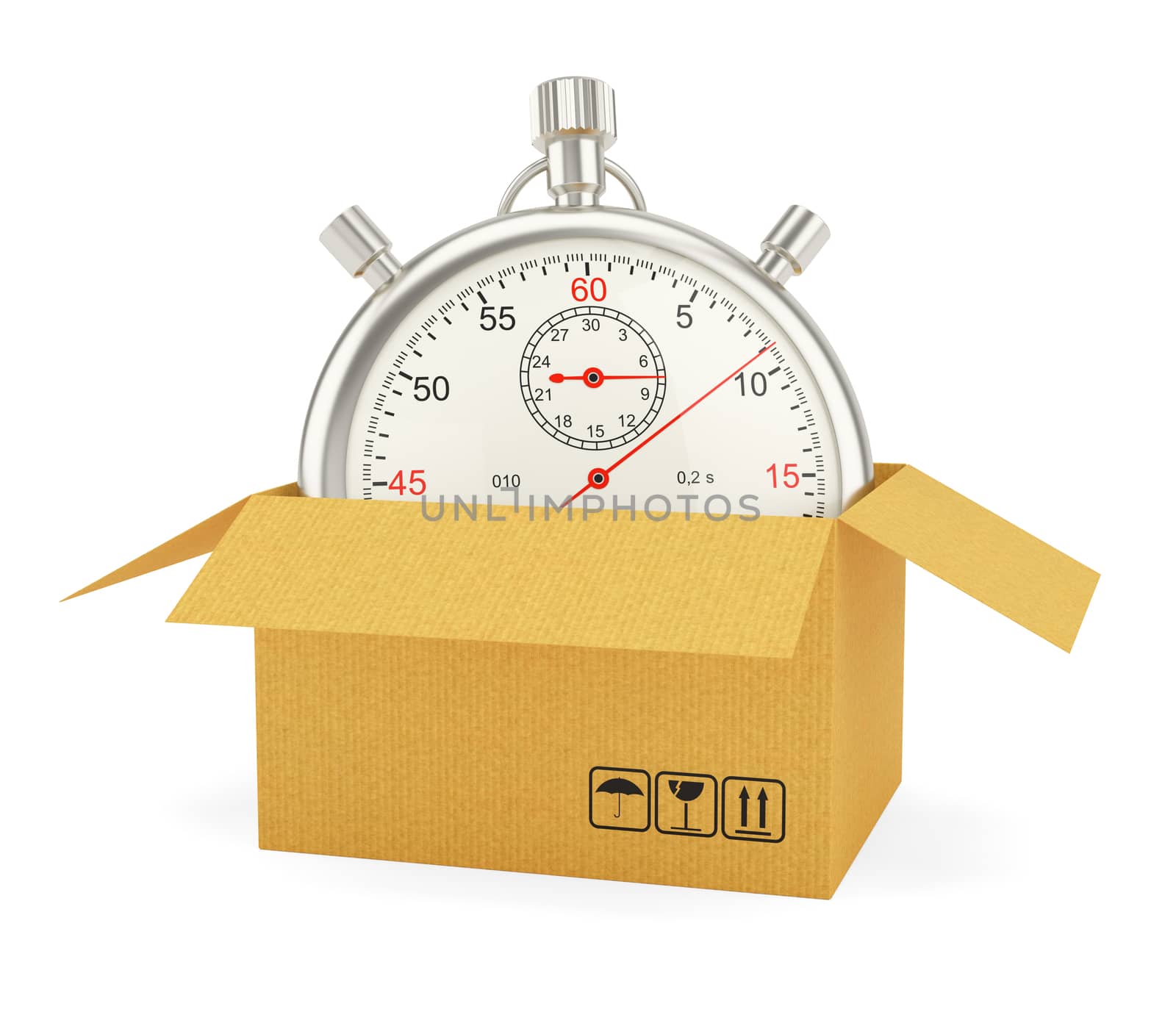 Open Cardboard Box with Stopwatch on White Background. 3D Rendering