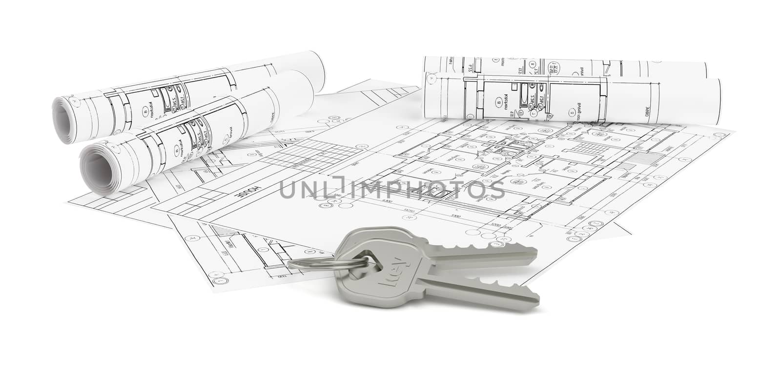 Architecture blueprints with two house keys. Isolated on white. 3d rendering