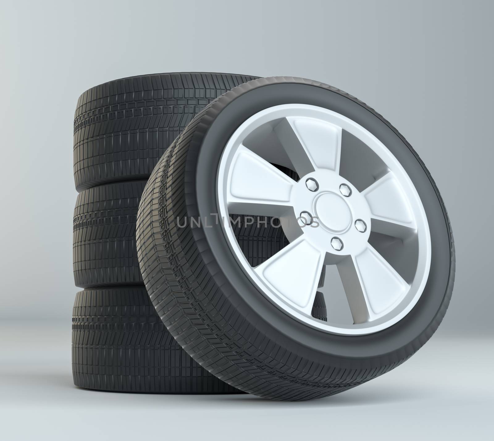 Car Tires on Gray Studio Background. High Quality. 3D Illustration