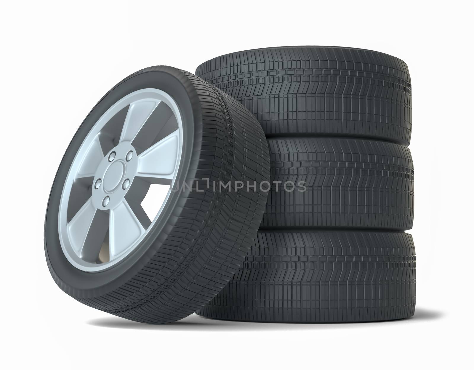 High Quality Car Wheels, Isolated on White Background. 3D Rendering