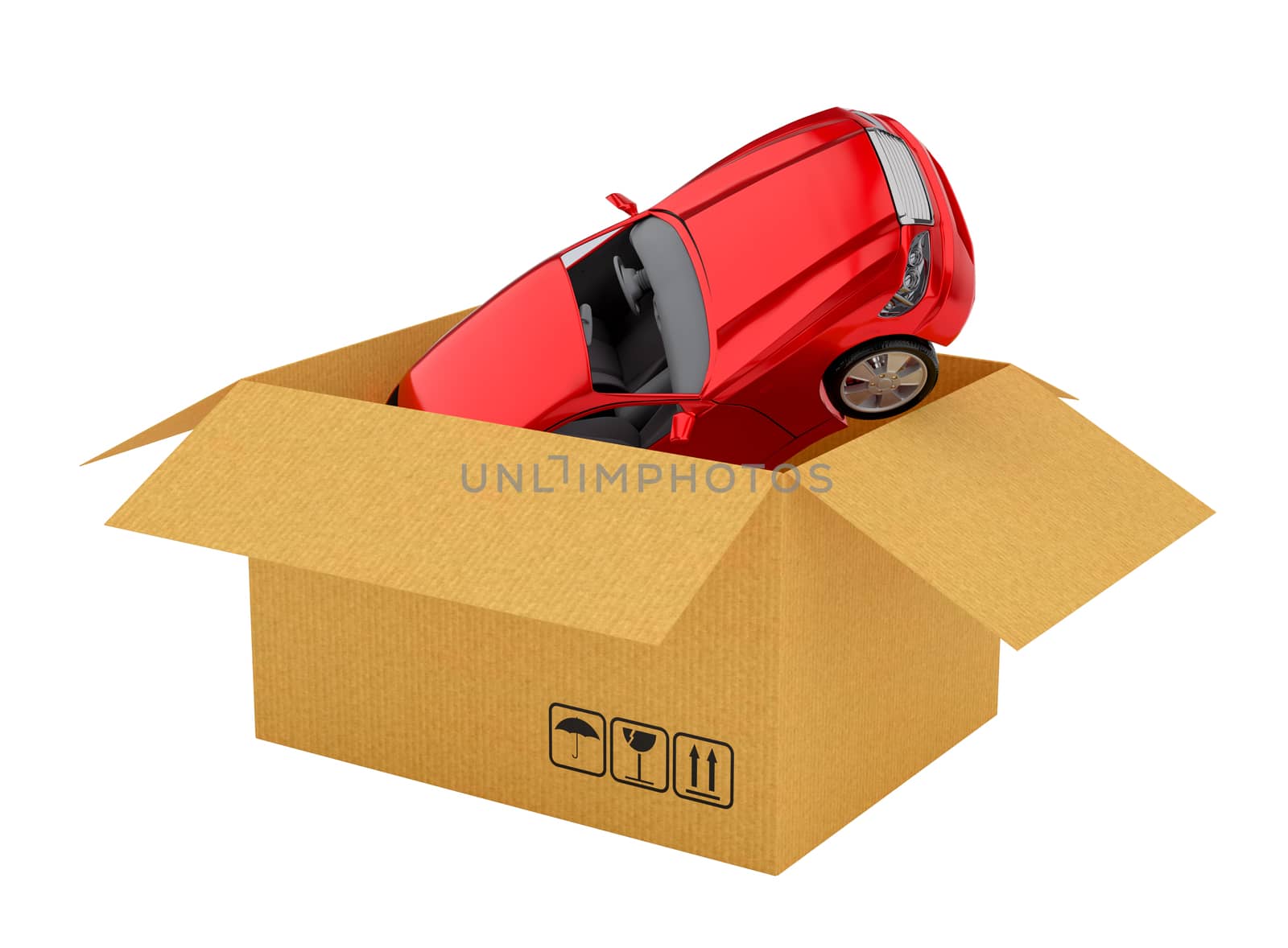 Red new car in open cardboard box. Isolated on white. 3d illustration