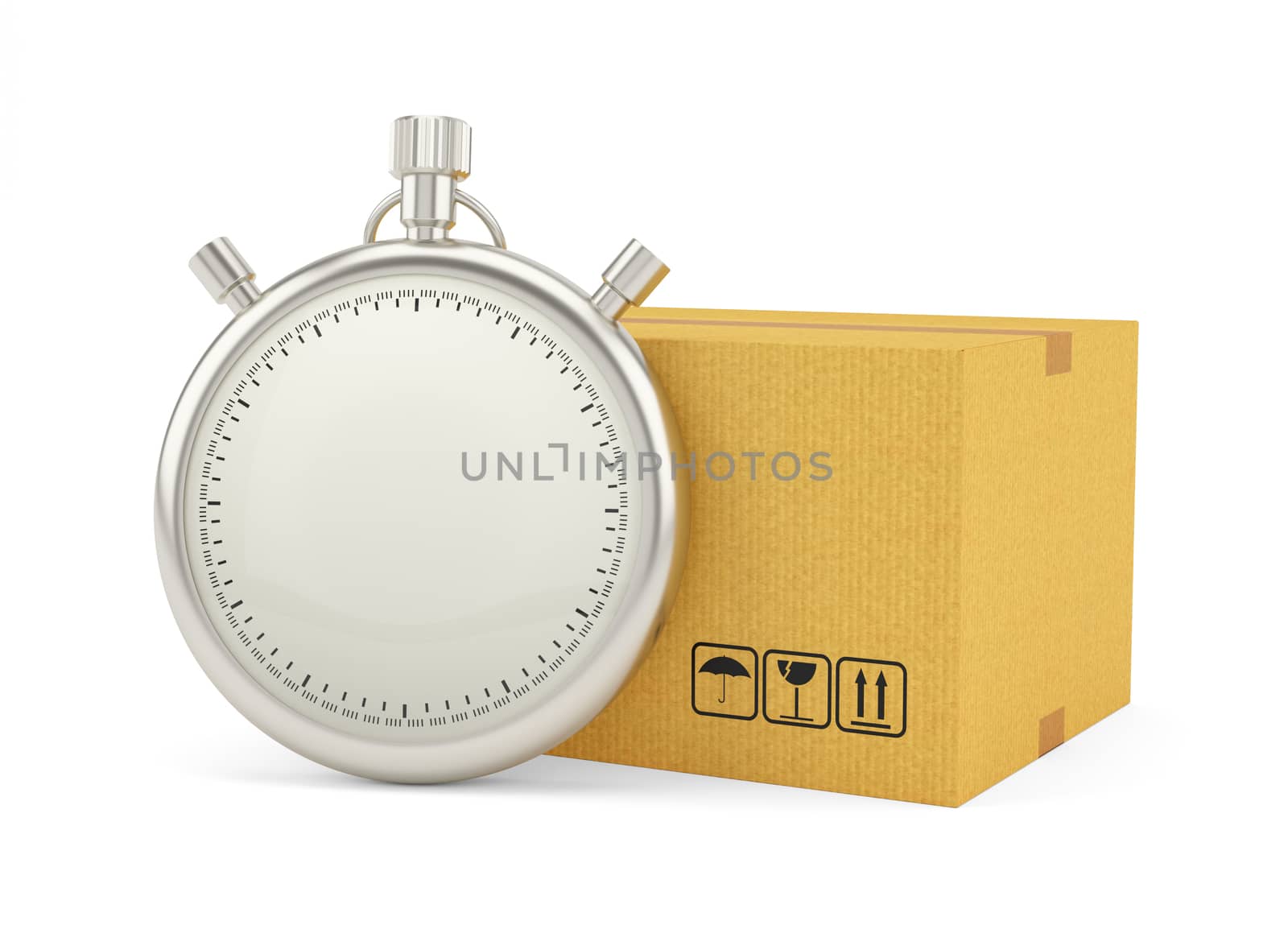 Stopwatch with Cardboard Box on White Background. 3D Rendering. Stopwatch with empty space for your content