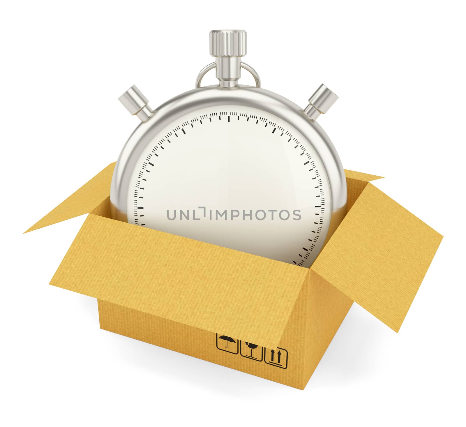 Open Cardboard Box with Stopwatch on White Background. 3D Rendering. Stopwatch with empty space for your content