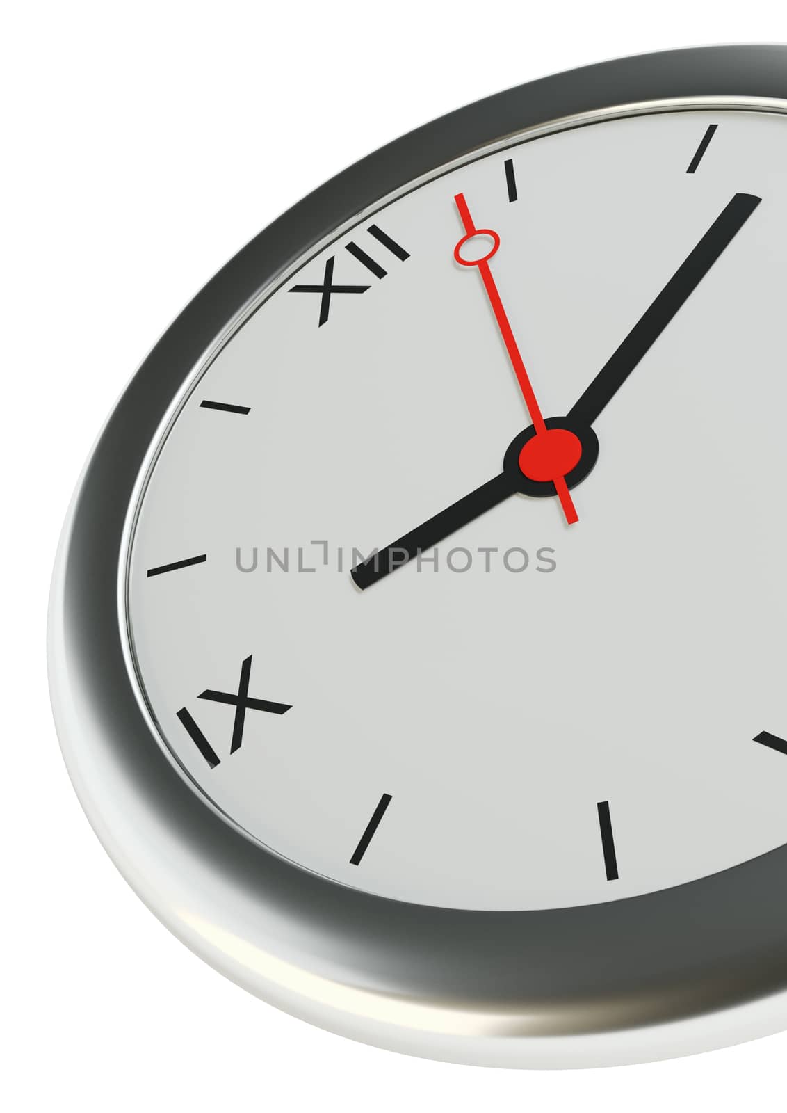 Realistic classic silver round wall clock, isolated on white background. 3D Illustration