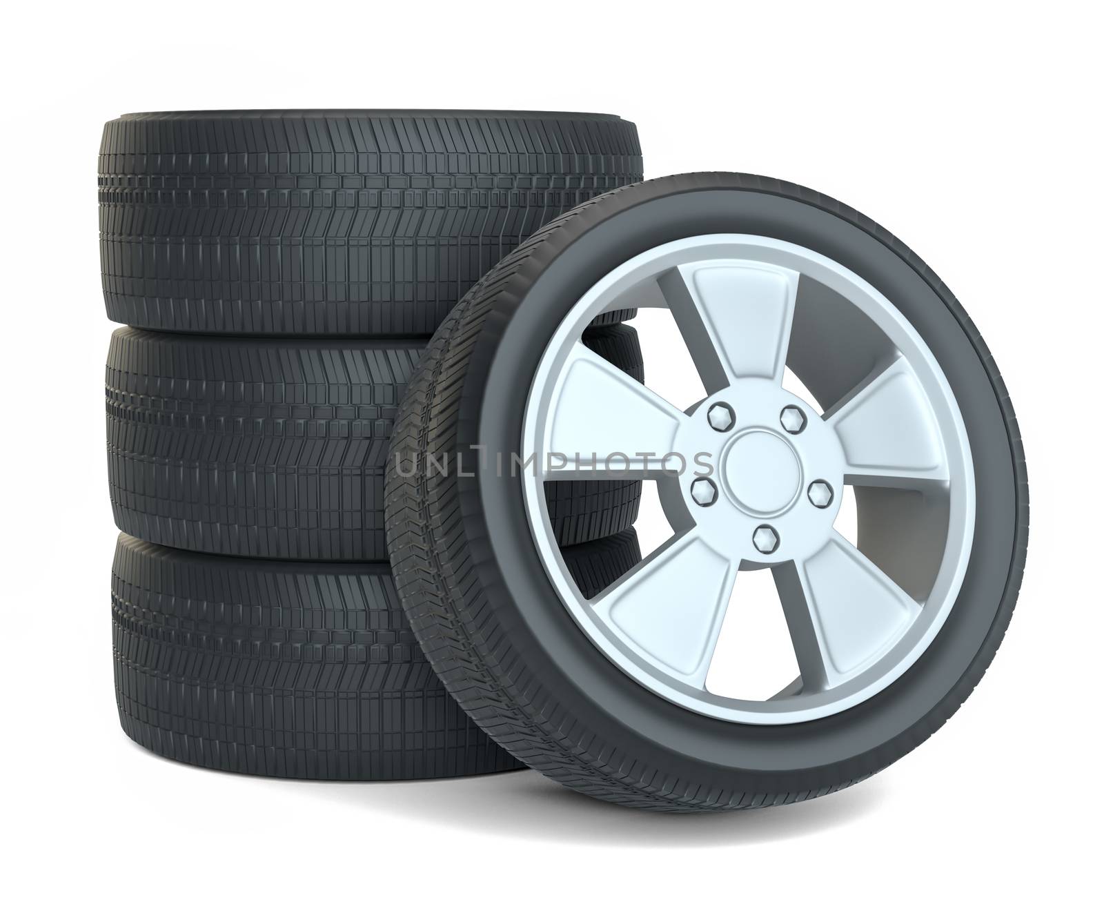 High Quality Car Wheels, Isolated on White Background. 3D Rendering