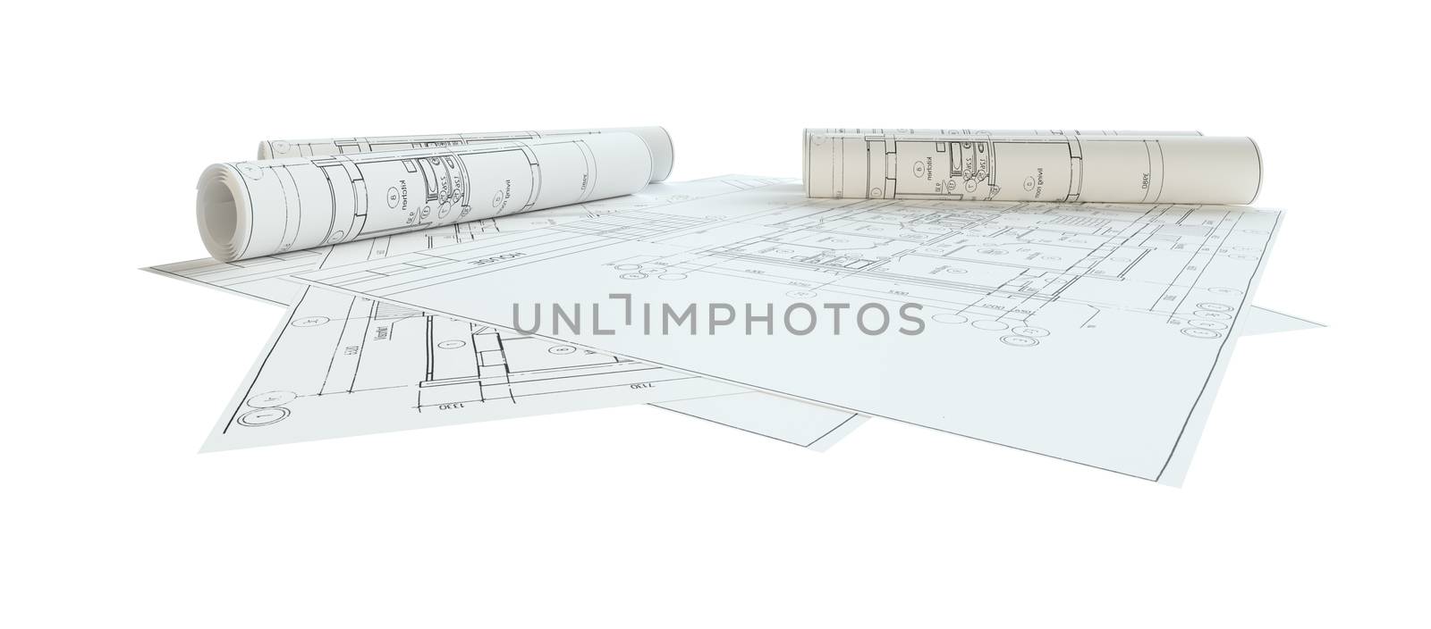 Rolled House Blueprints. Isolated On White Background. 3D Illustration