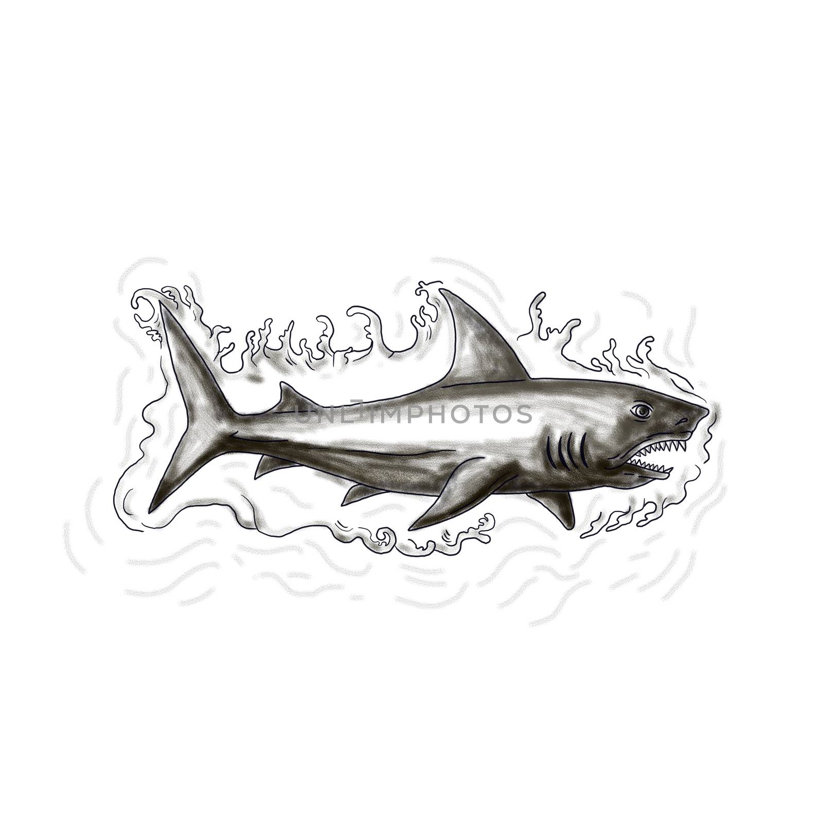 Tattoo style illustration of a shark swimming in water viewed from the side set on isolated white background.