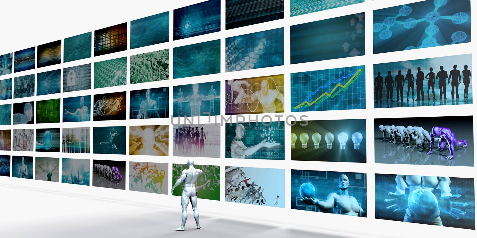 Video Wall on White Background with Man Changing Channels