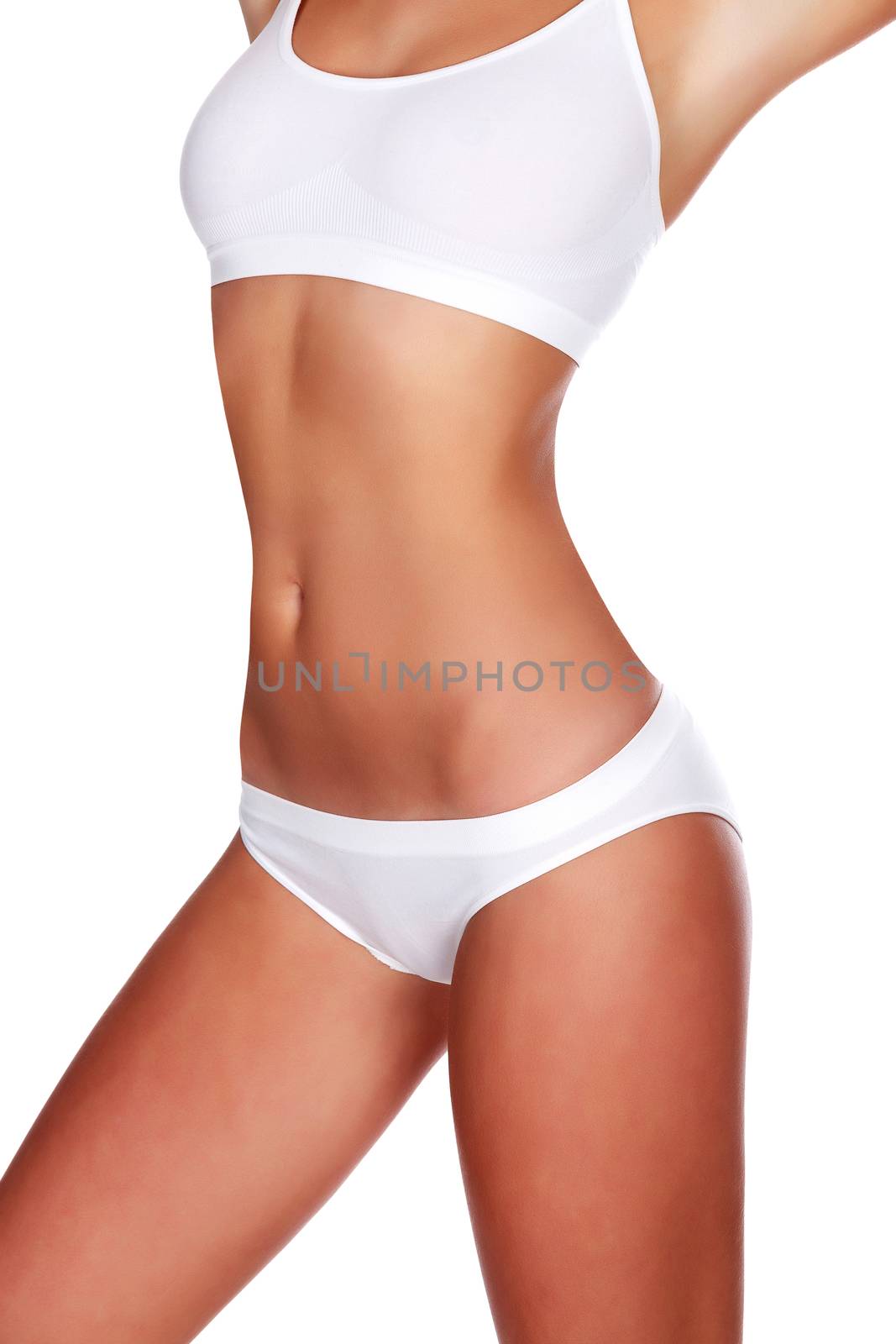 Sexy woman in white underwear on white background, isolated