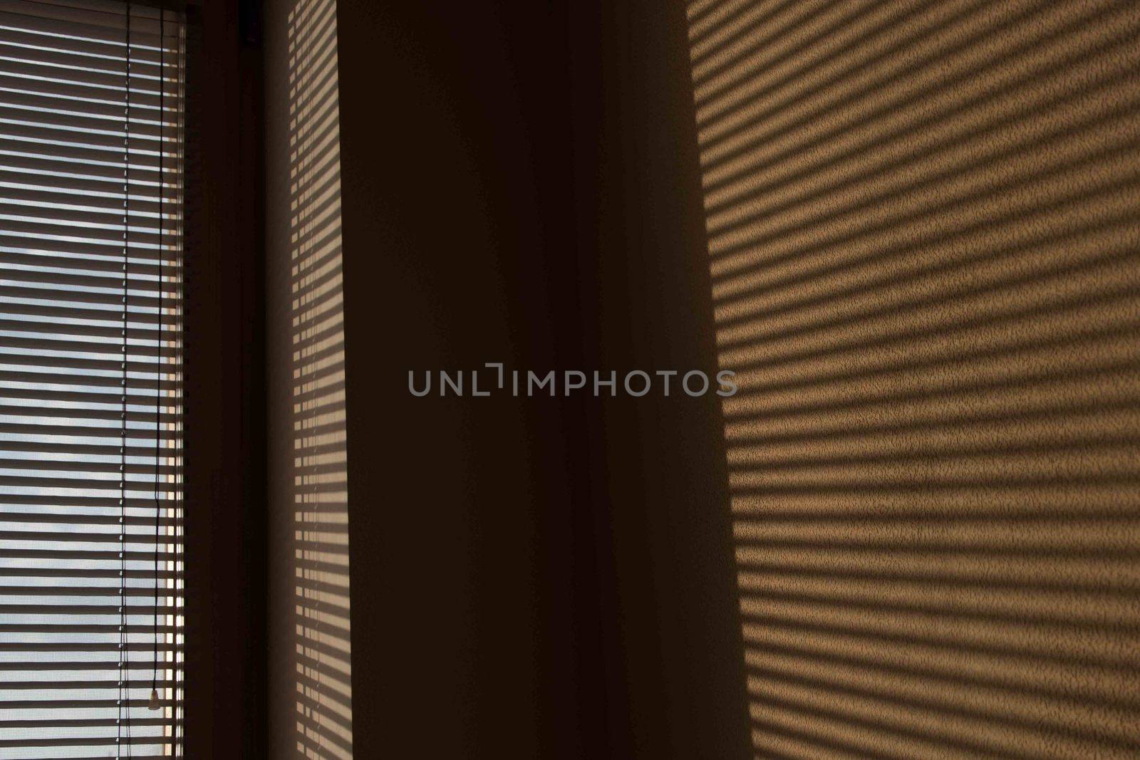 shade of venetian blind on the wall, subject shadow on the wall, shadow wallpaper, shadow. Light falls on a subject and creates shadows on the wallpaper in the room. by elina_chernikova