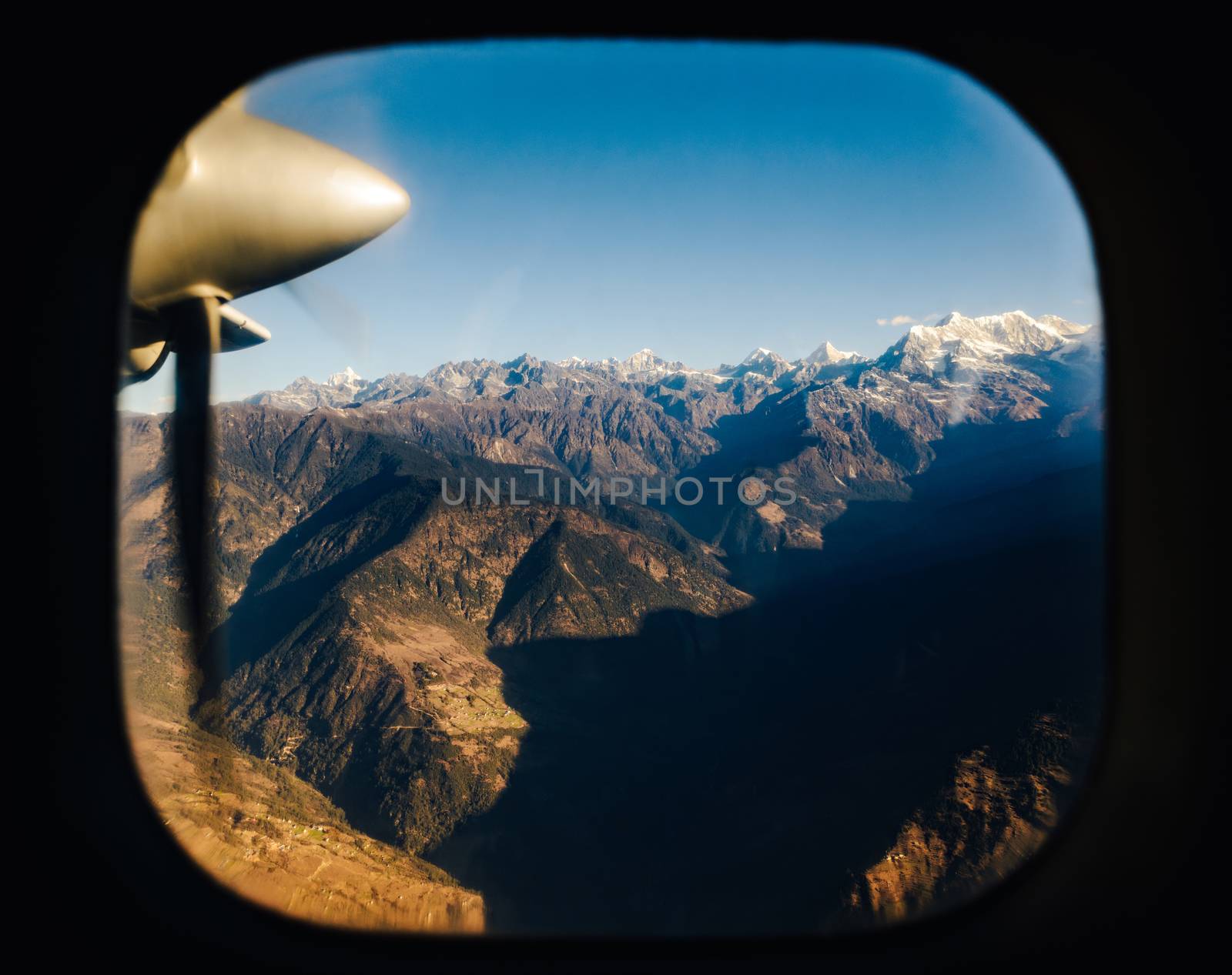 The Himalayas from a propeller plane, Nepal. Flight Kathmandu to Lukla.