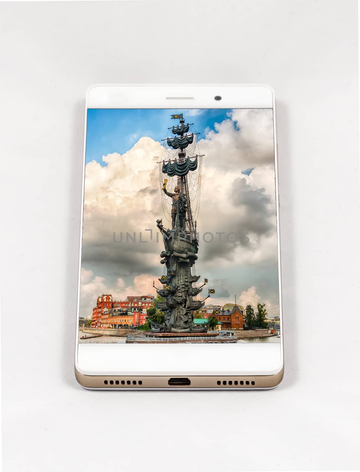 Modern smartphone with full screen picture of Moscow, Russia. Concept for travel smartphone photography. All images in this composition are made by me and separately available on my portfolio