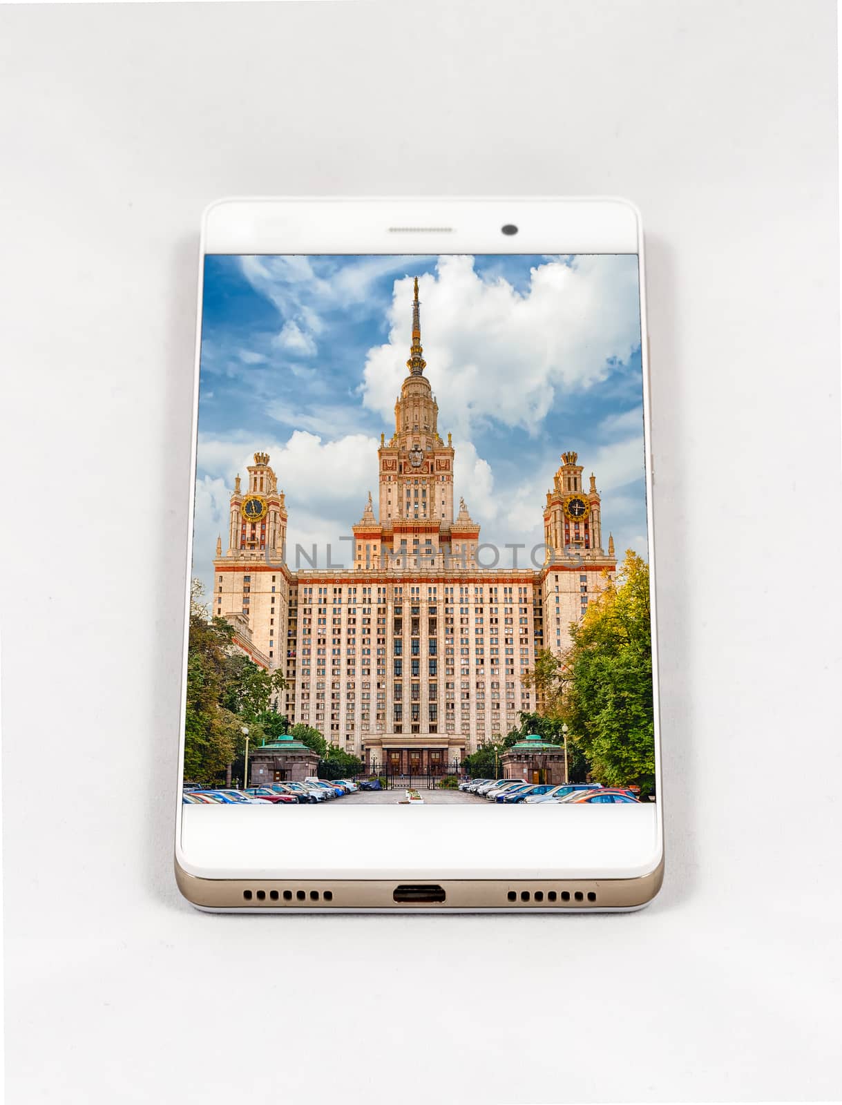 Modern smartphone displaying full screen picture of Moscow, Russ by marcorubino