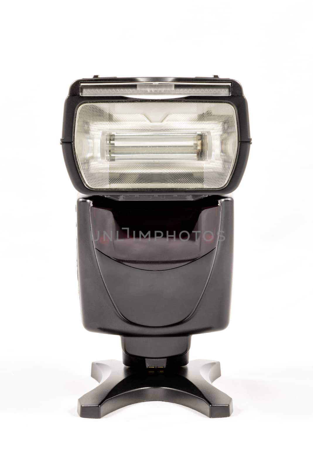 Front view of a black unbranded external flash unit for DSLR camera