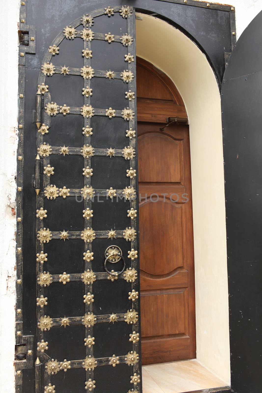 Ancient solid double doors open, decorated gold flowers