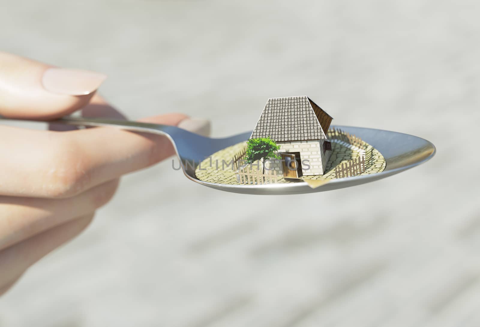 woman hand holding spoon with paper house real estate business concept photo by denisgo