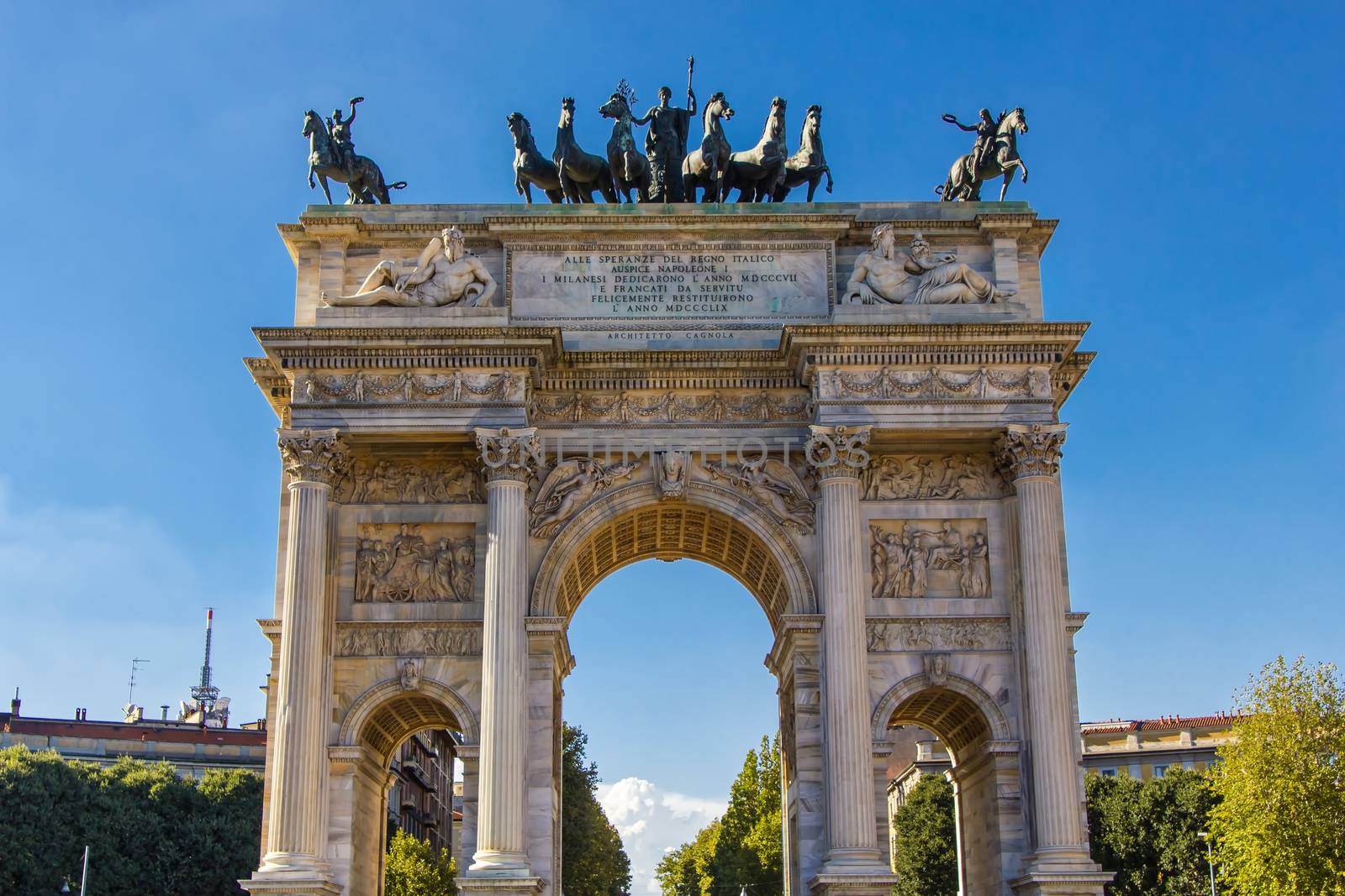 The Napoleonic Arco della Pace monumental arch downtown in Milano, near the Porta Sempione