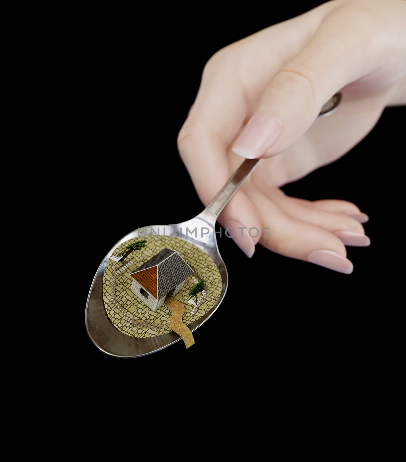 woman hand holding spoon with paper house real estate business concept photo