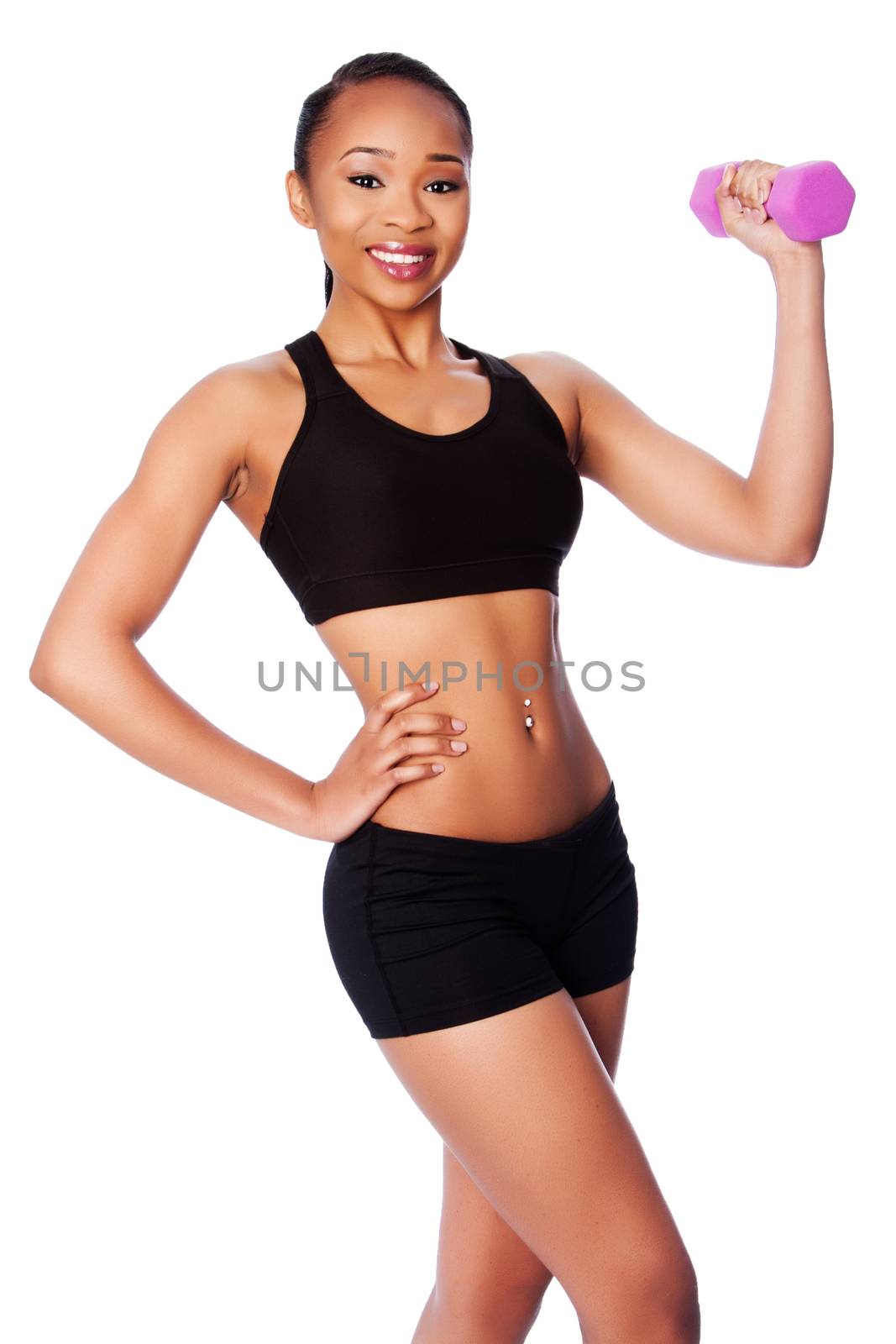 Happy healthy black asian woman with dumbbell by phakimata