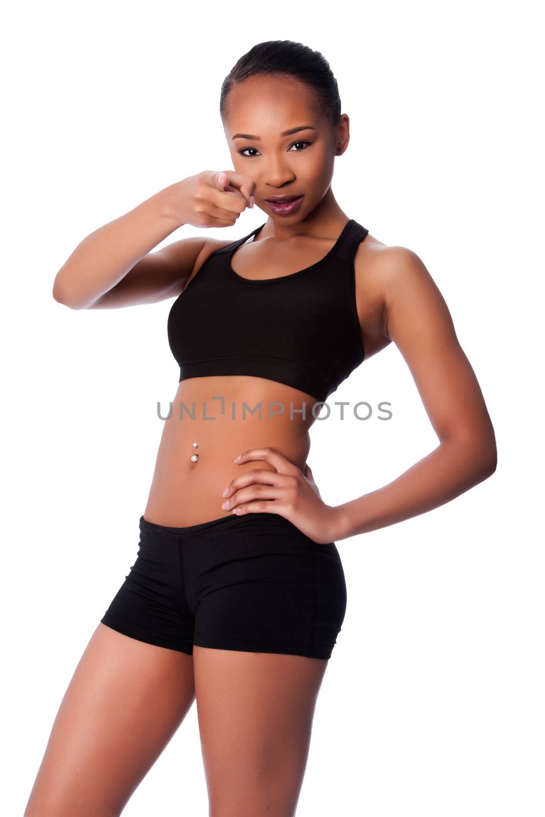 Happy healthy fit black asian woman pointing finger by phakimata