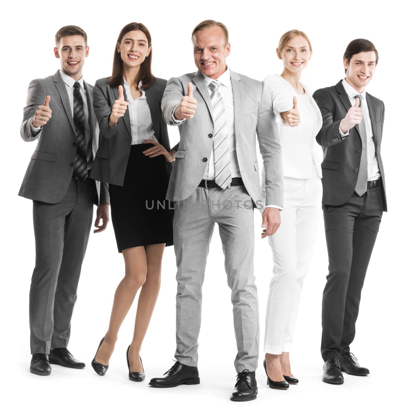 Business team showing thumb up isolated on white background