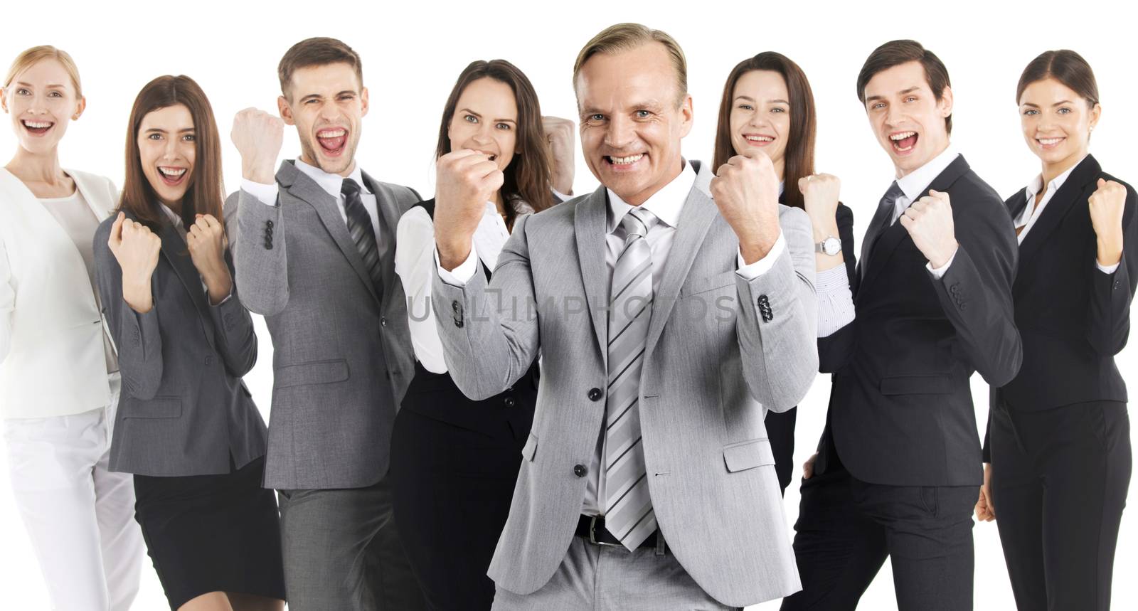 Successful excited business people group team standing together and holding fist ok yes gesture isolated over white background