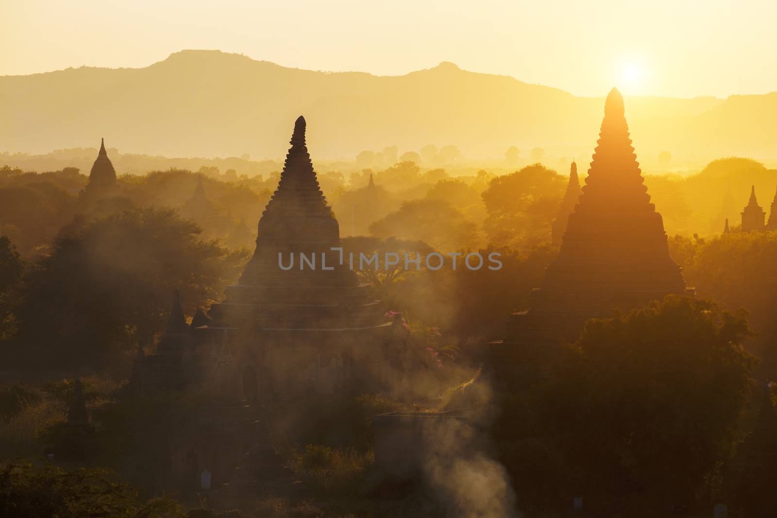 Scenic view of ancient Bagan temple during golden hour 