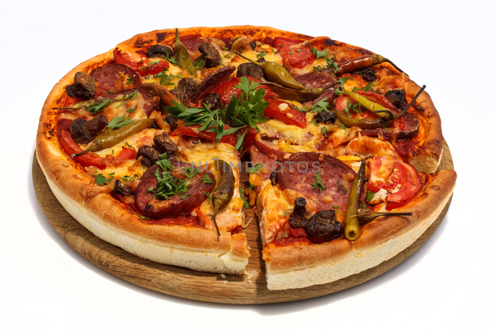 Fresh sliced pizza with sausage, mushrooms and hot pepper. Close-up