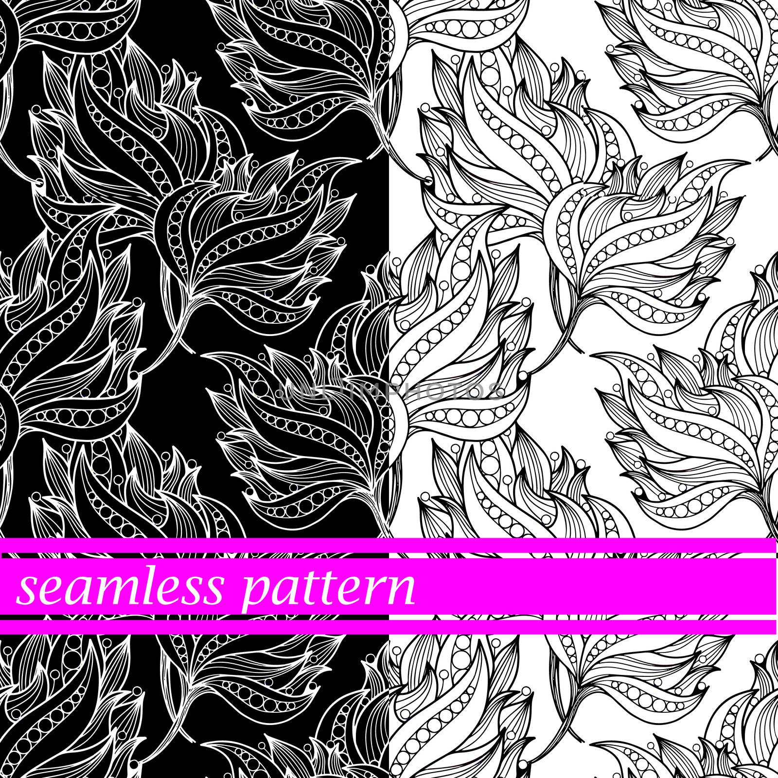 set of seamless pattern with black and white flowers. 