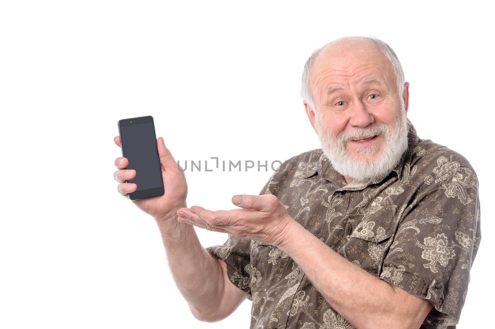 Senior upset bald and bearded white haired man showing something at smartphone screen, isolated on white background
