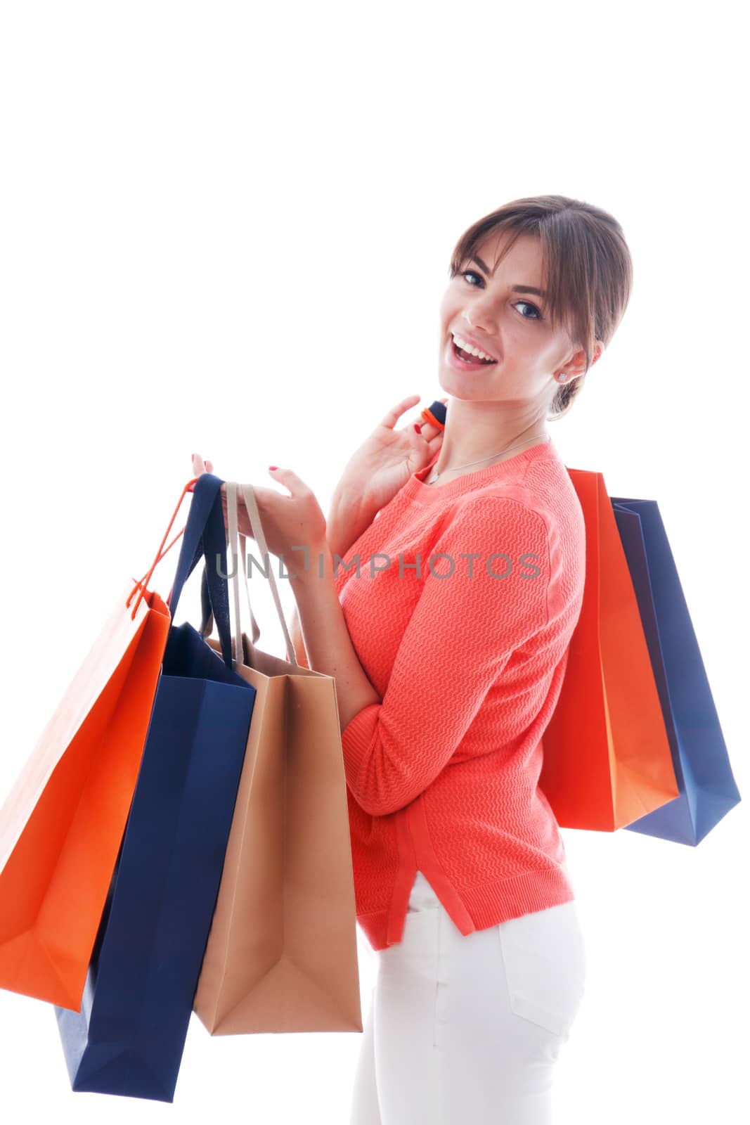 Woman with shopping bags isolated on white background