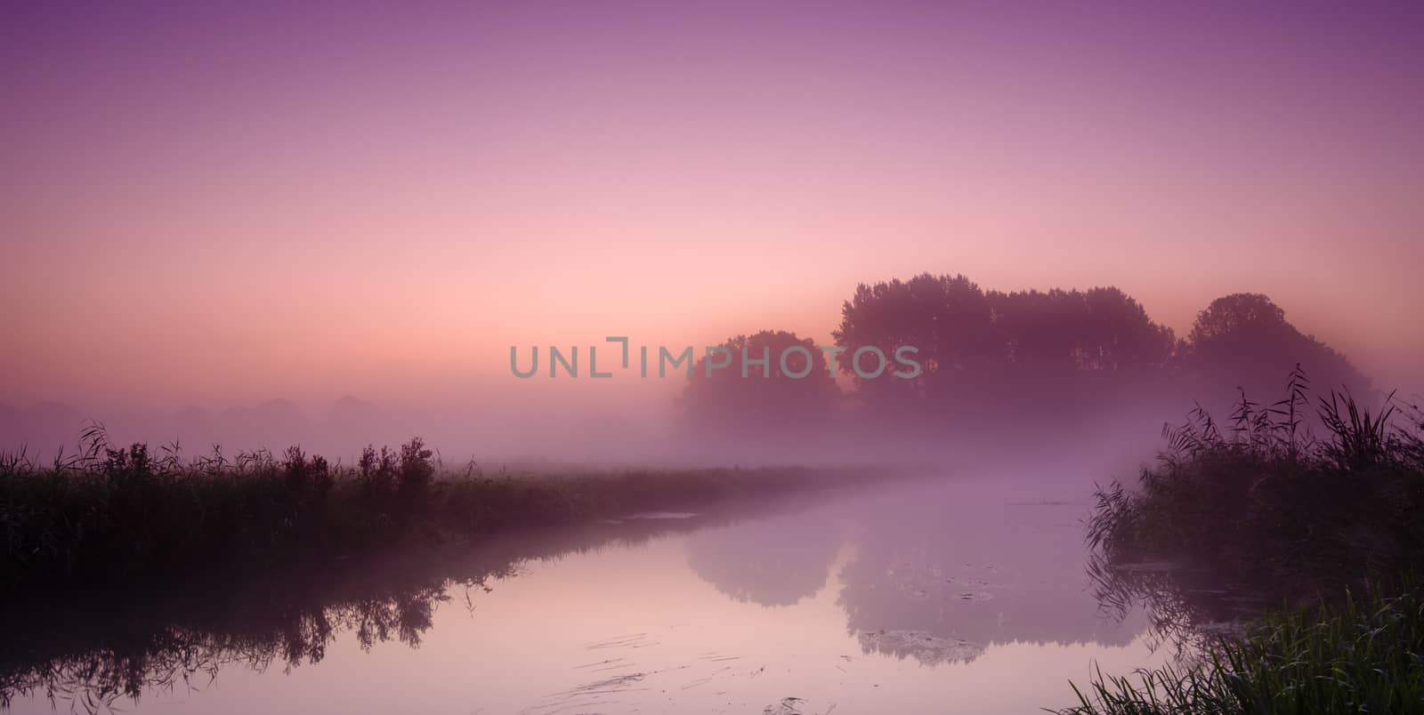 foggy morning landscape with beautiful colors reflected in the water