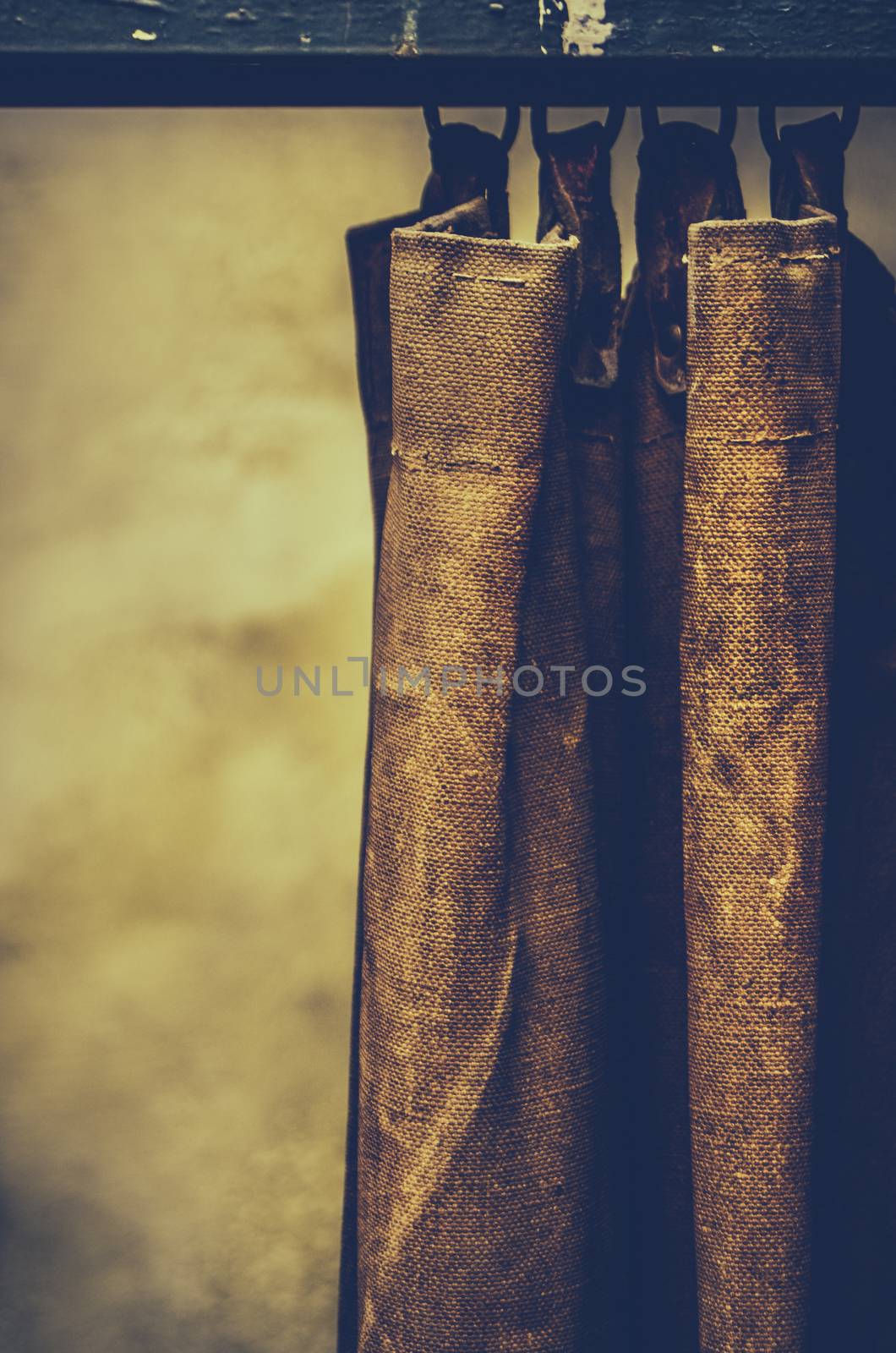 A Grungy Curtain In An Industrial Workshop With Copy Space