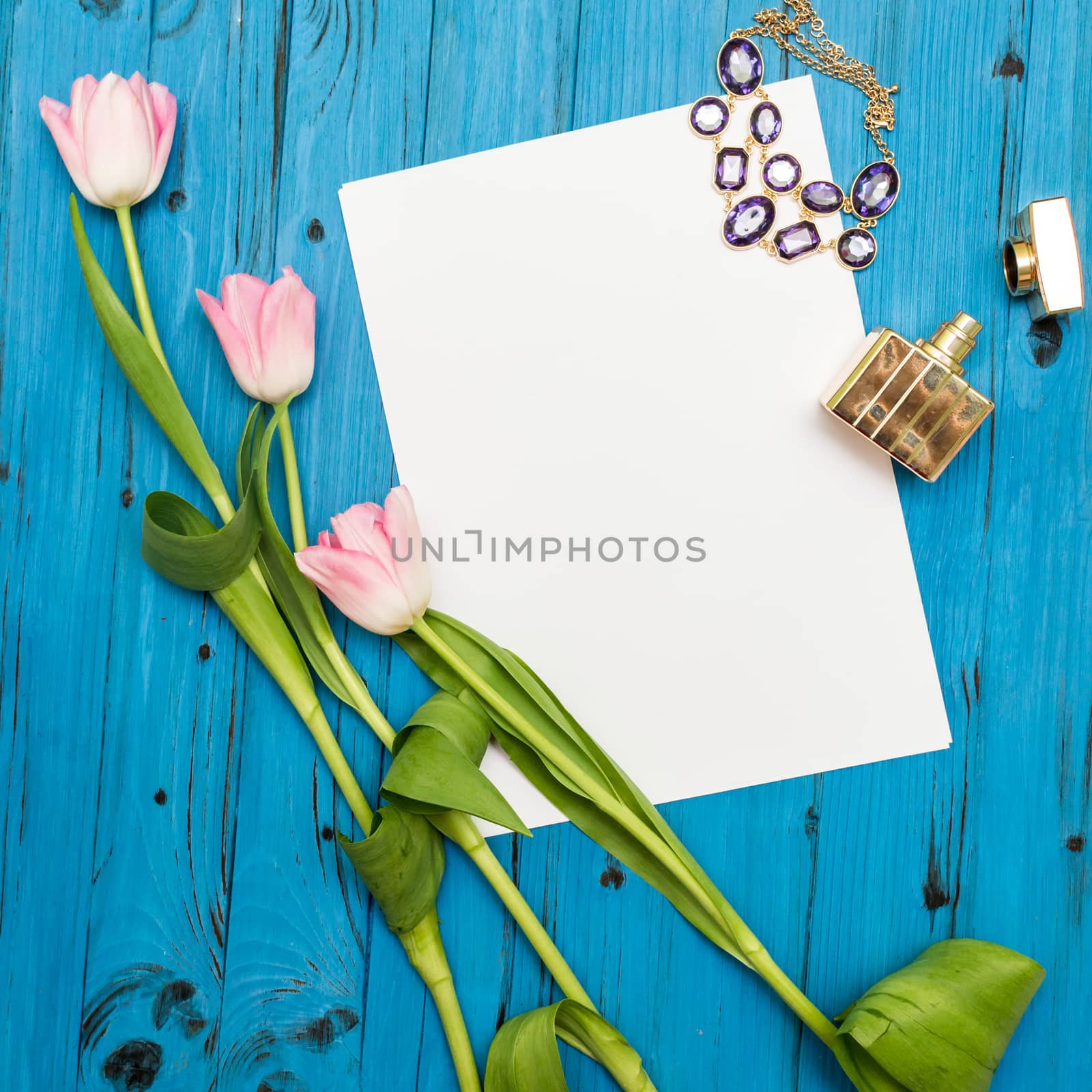 pink tulips on a blue wooden board by okskukuruza