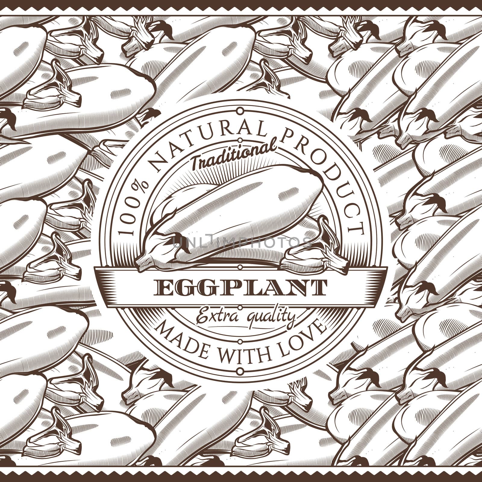 Vintage Eggplant Label On Seamless Pattern by ConceptCafe