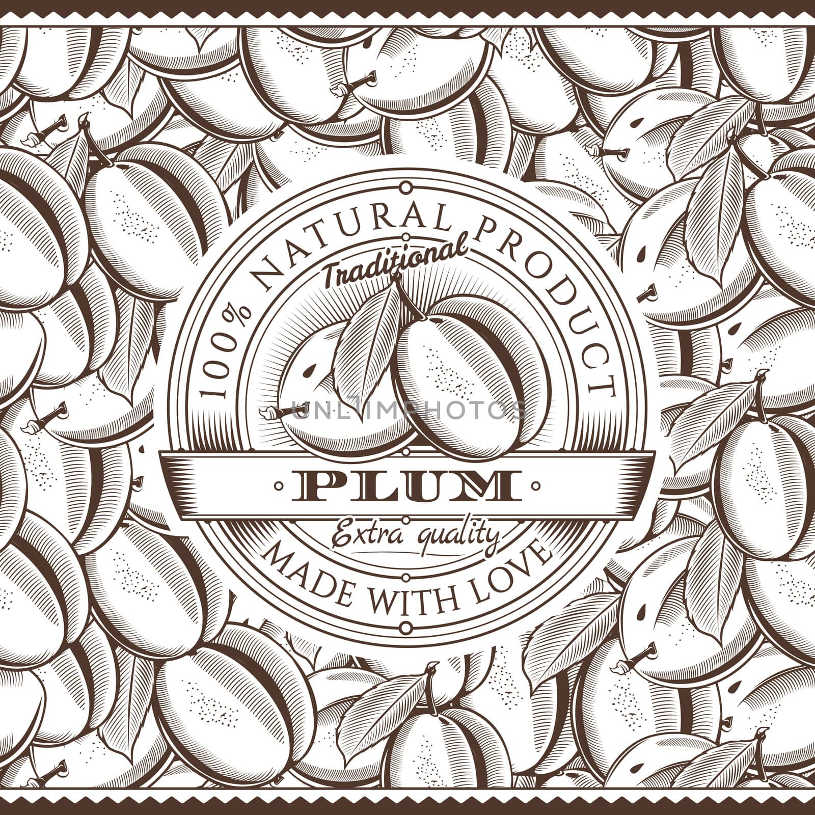 Vintage Plum Label On Seamless Pattern by ConceptCafe