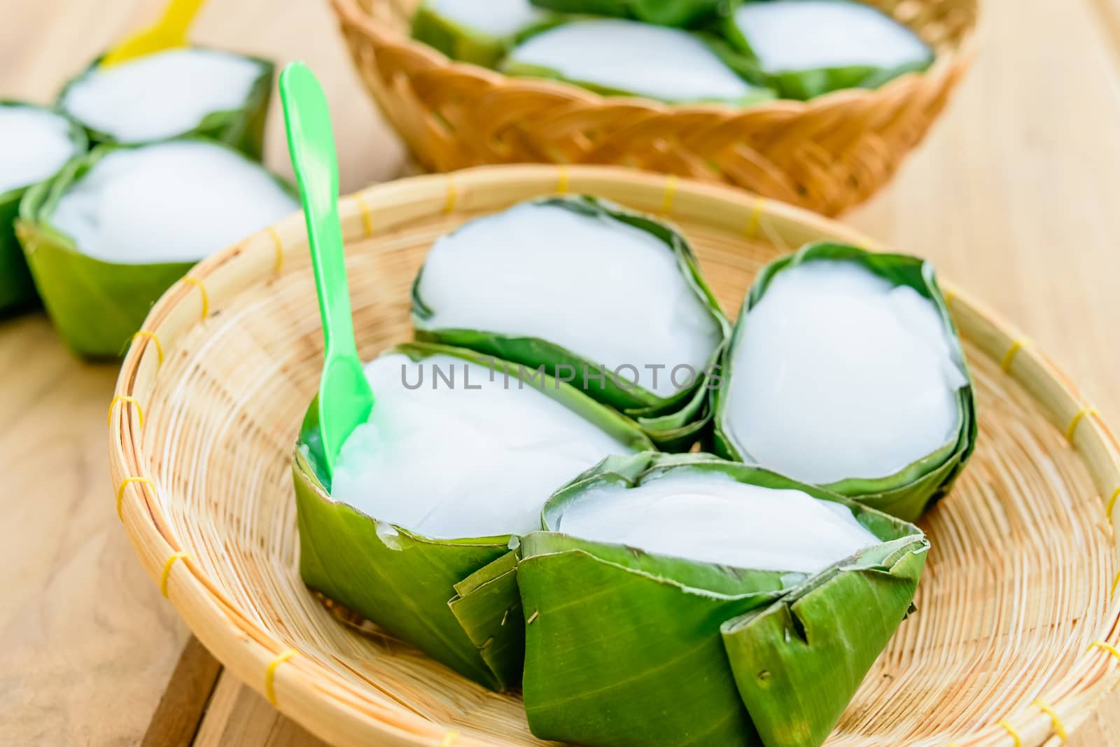 thai sweet dessert in banana leaf package