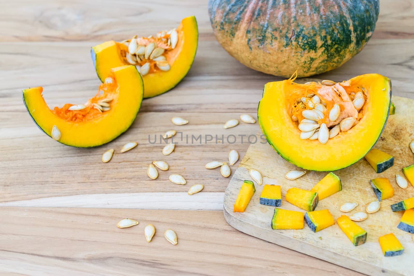 Sliced pumpkin on kitchen table