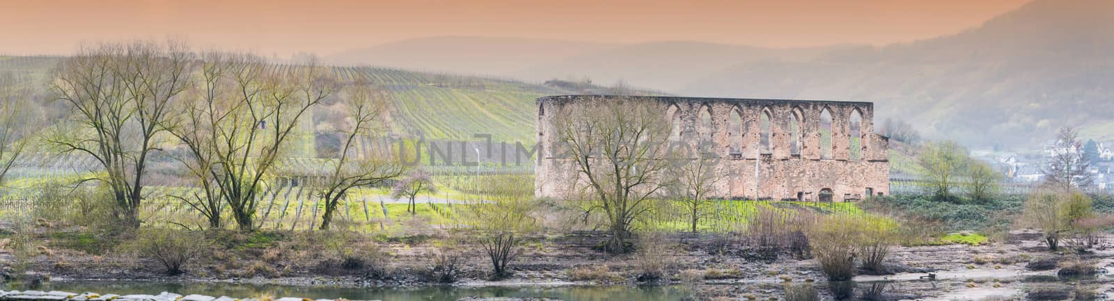 Artistic work of my own. HDR processing.
Panorama, ruins of a monastery in bars, on the Moselle, in the background the vineyard. Shot in the morning fog.