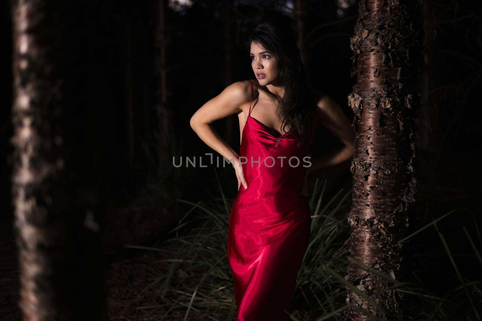 Beautiful young woman wearing a long red silk formal dress in the gardens in the early evening. 