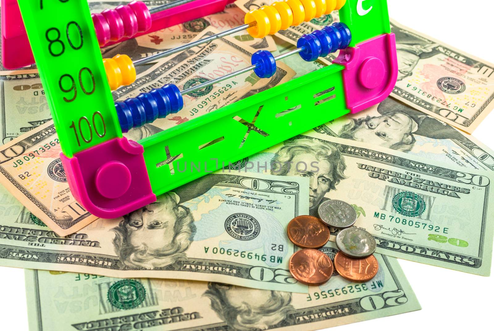 american dollars and colorful abacus on white background by uvisni