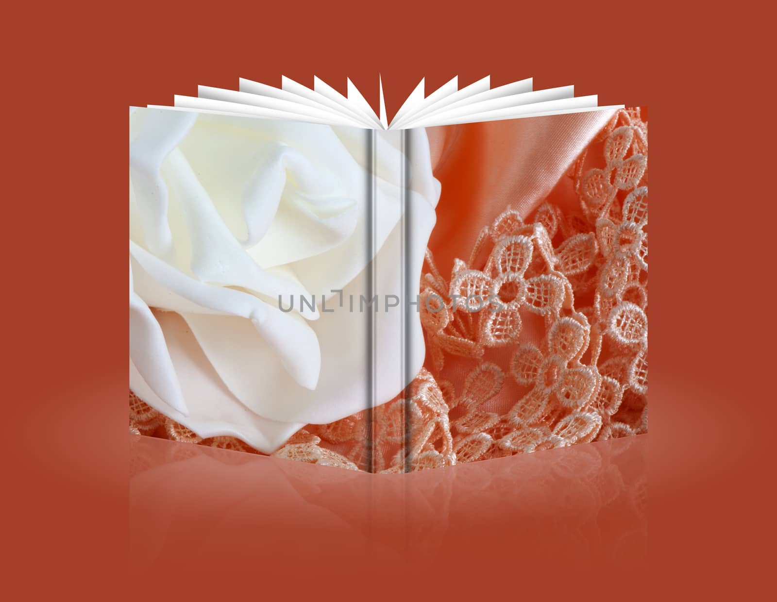 book of flowers candy and weddings favors on fabric background