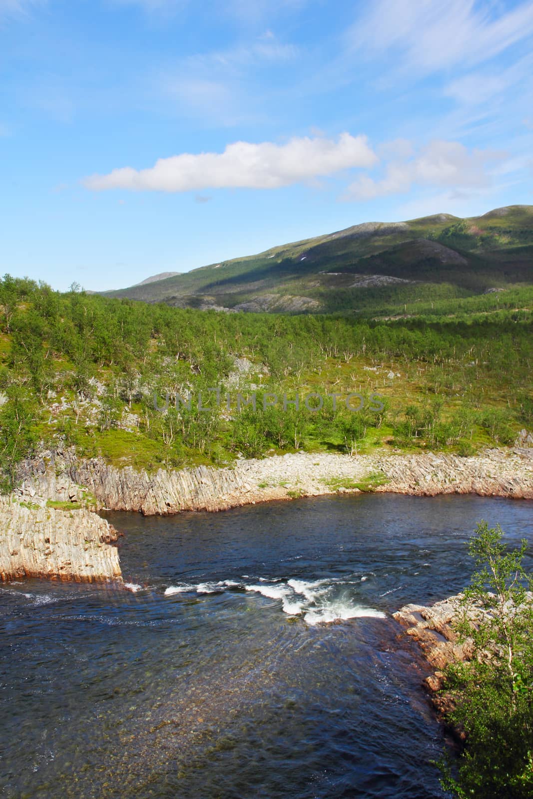 Tundra Landscape with trees, river and hills in northern Norway