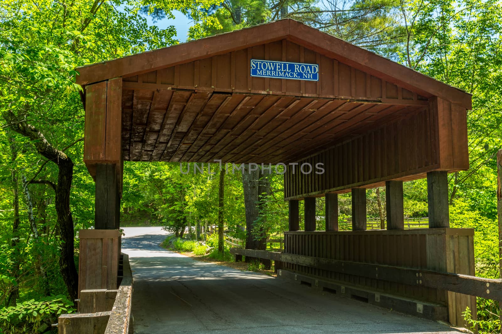 Stowell Road Covered Bridge, built in 1990, is located in Merrimack, NH. This little known bridge is one of the few located in the Merrimack Valley Region. The bridge spans Baboosic Brook.