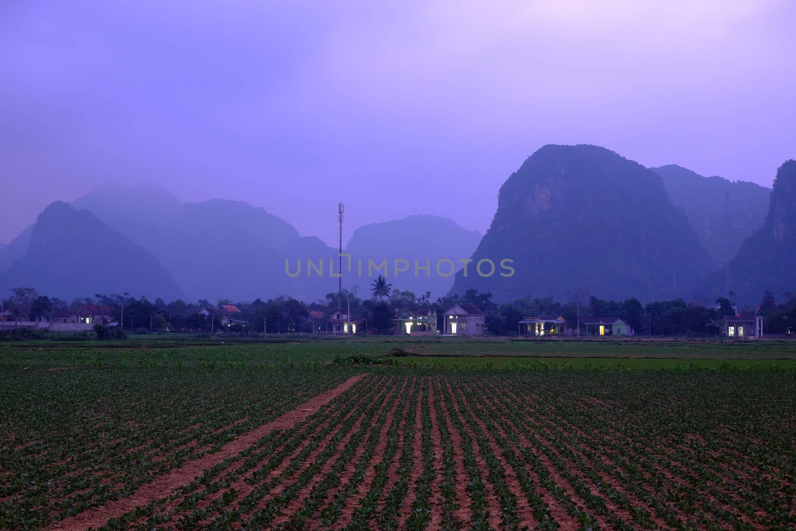 Beautiful of Quang Binh countryside landscape at evening, amazing mountain, bridge to path among green field, calm village at QuangBinh, Vietnam, a nice view for travel