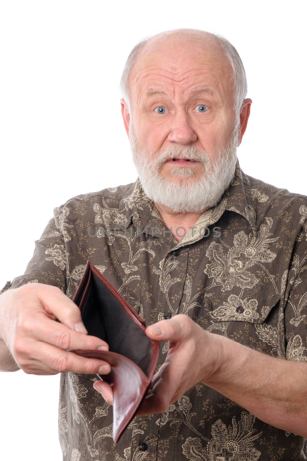 Handsome bald and bearded senior man shows empty purse, isolated on white background