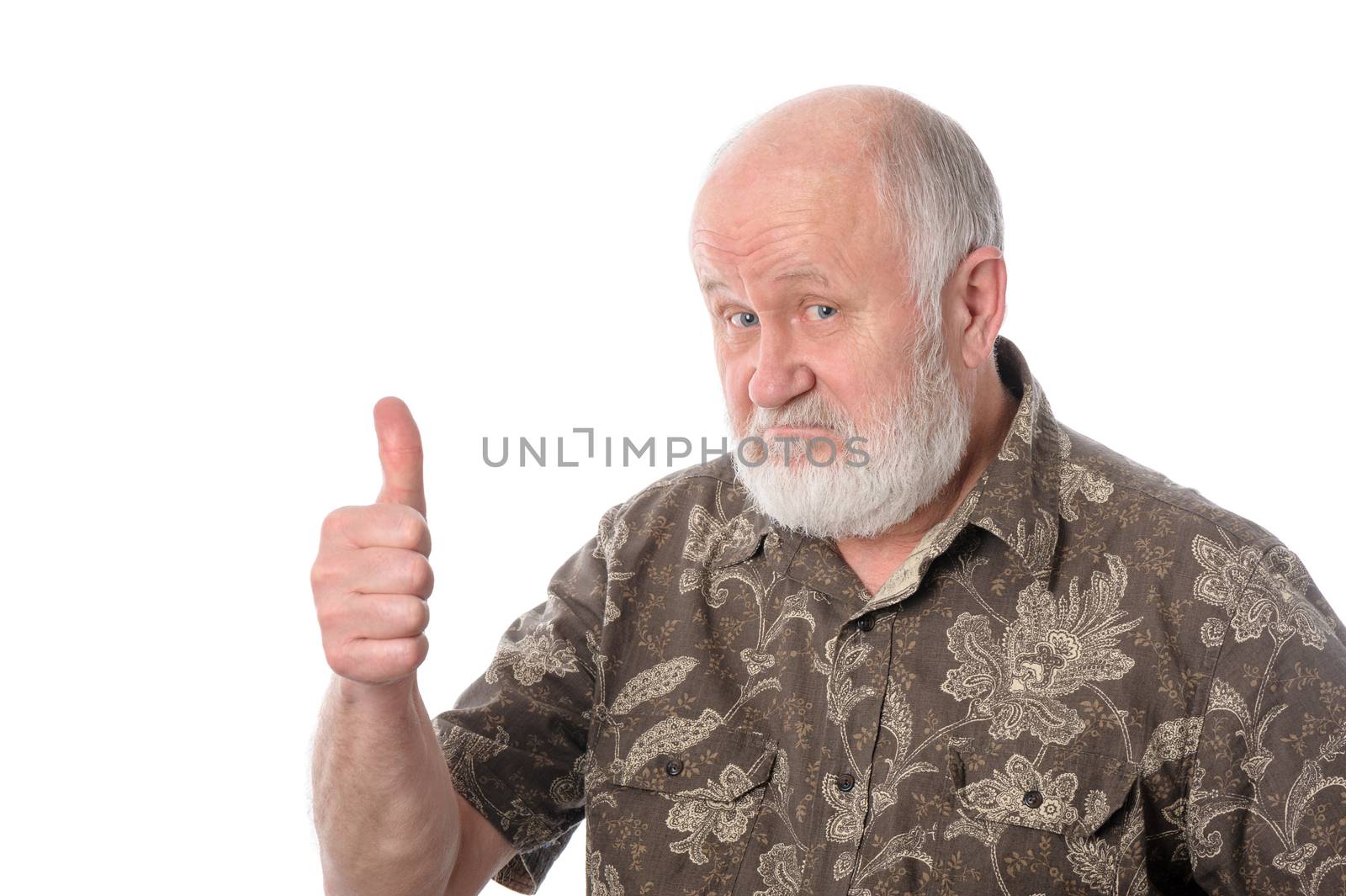 Handsome bald and bearded senior man shows thumbs upgesture, isolated on white background