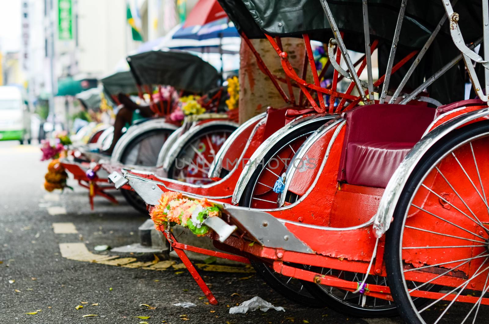 Pahang, Malaysia. Vintage Trishaw stop beside road for service traveller