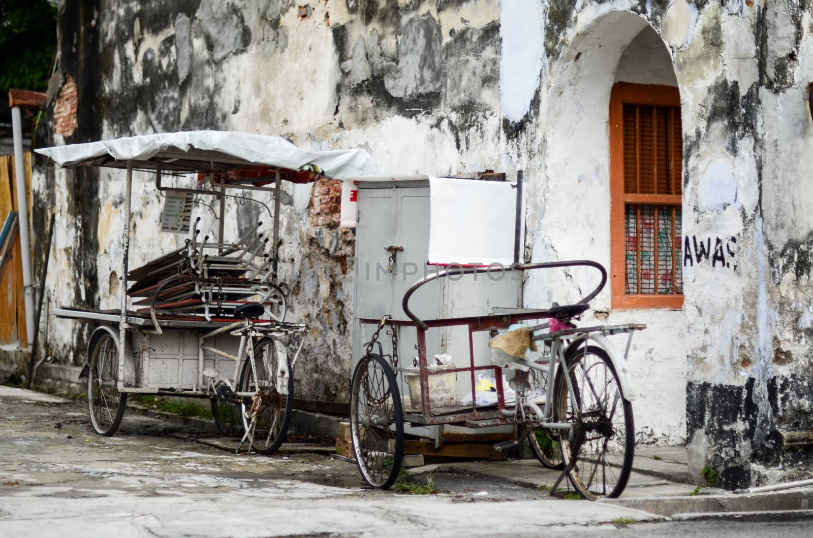 Pahang, Malaysia architecture narrow streets. Dirty moldy humidity cityscape