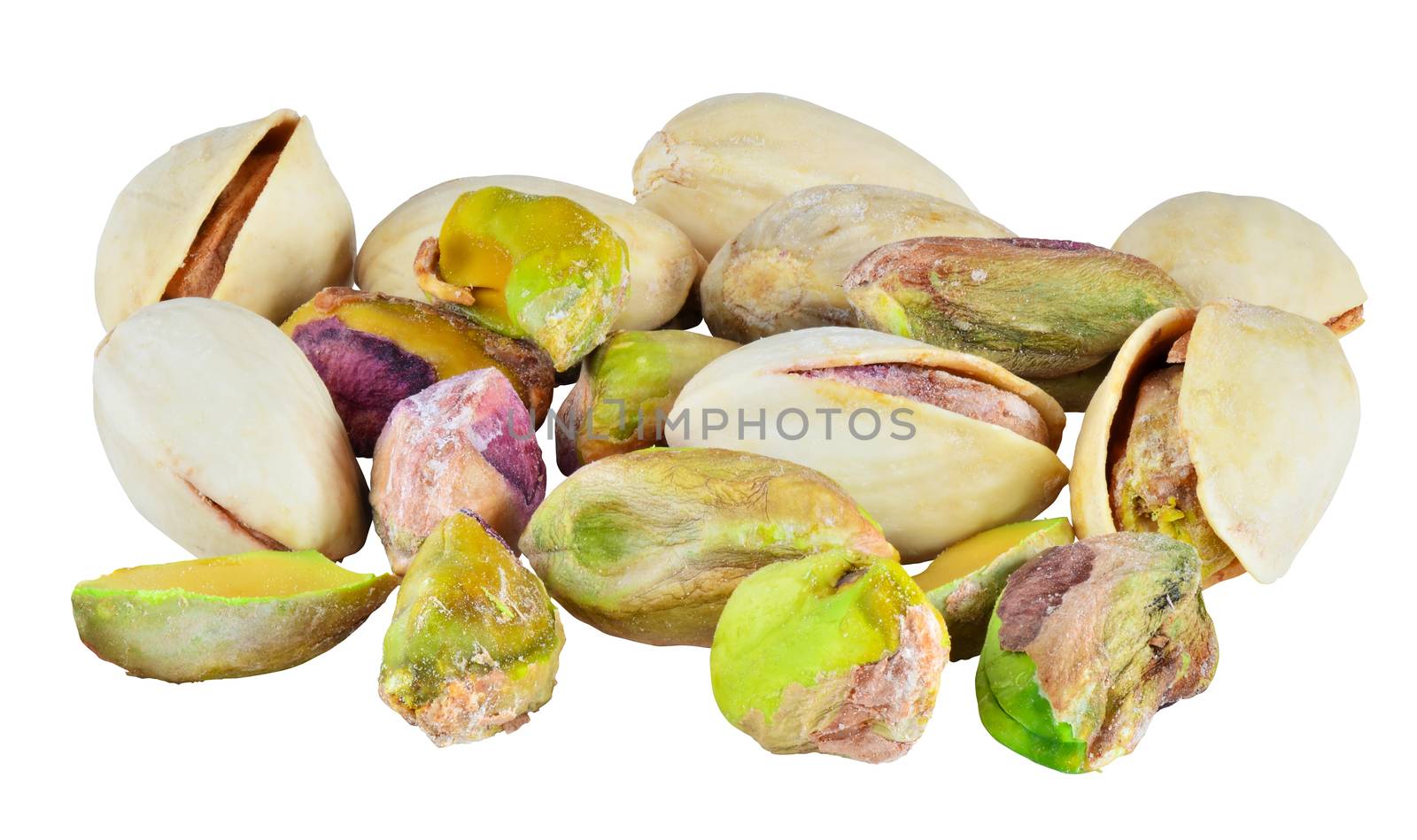 Randoom group of pistachio nuts. Isolated with path on white background. Macro image with big depth of field.